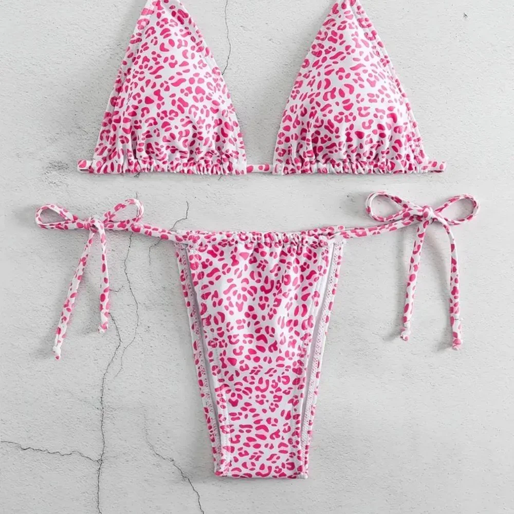 2 Piece Swimsuit, Halter Tide Side Triangle Bikini, Spaghetti Strap - Pink